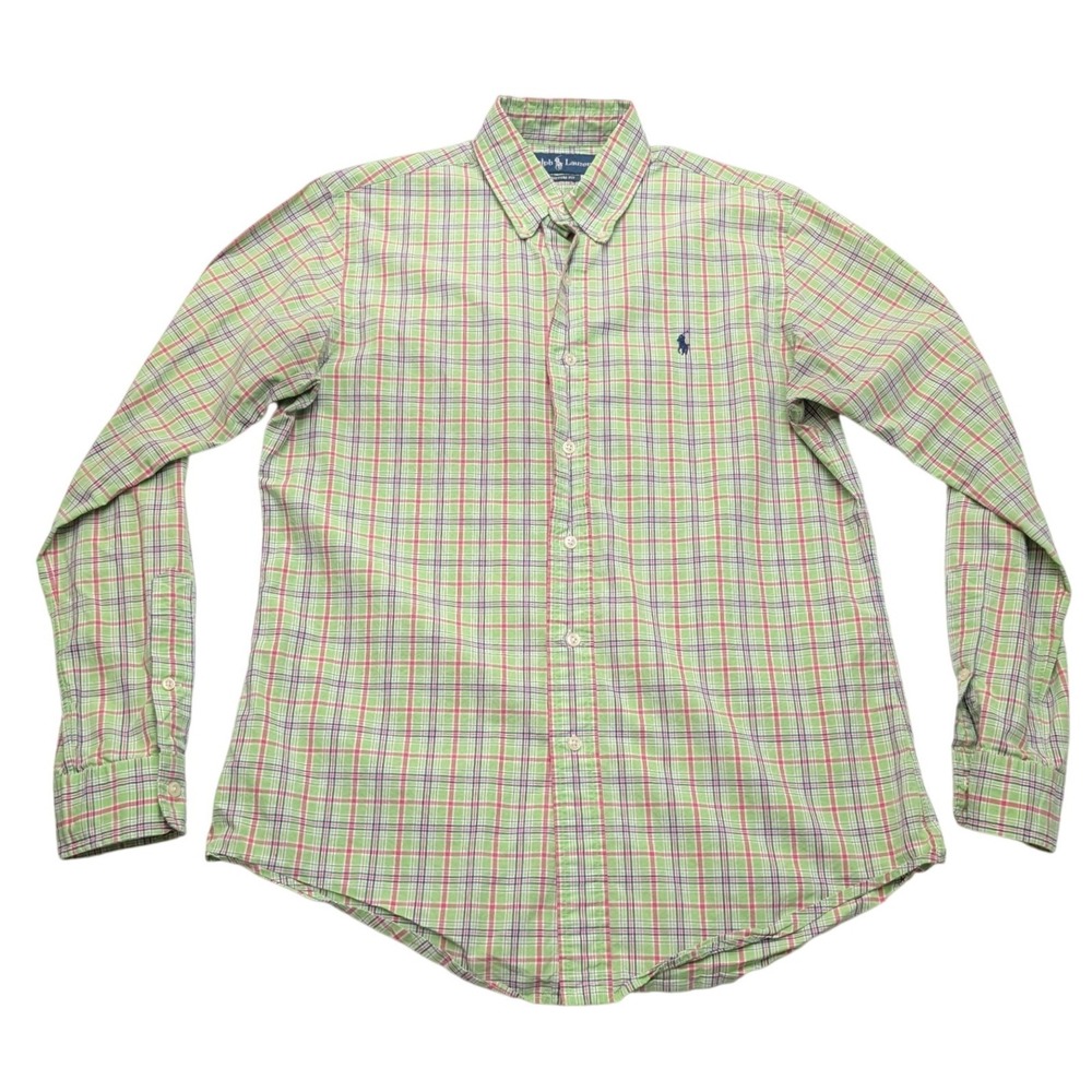 Polo Ralph Lauren Button Down Mens Medium Green Plaid Custom Fit Pony
